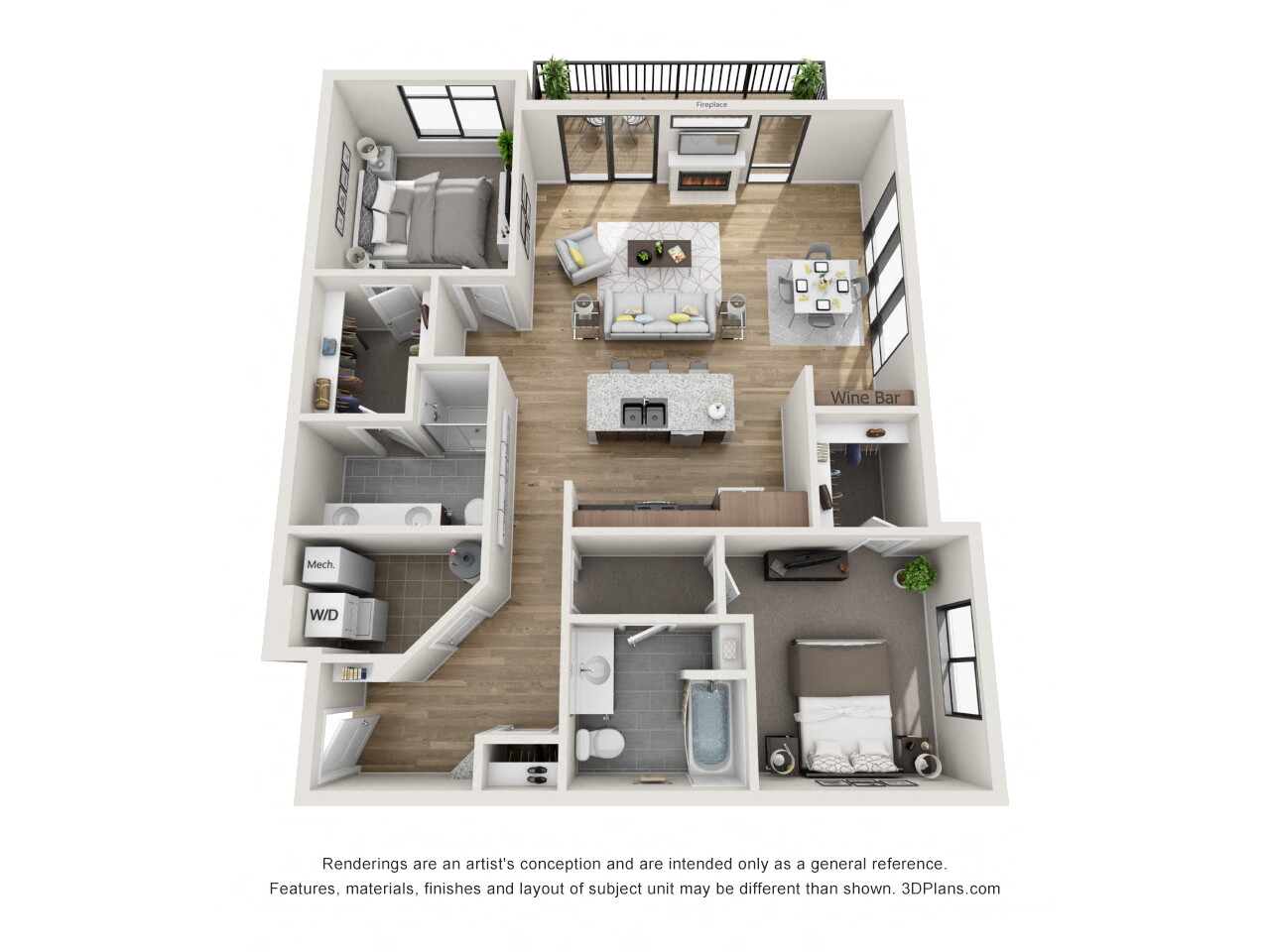 Floor plan for 2 beds, 2 baths, 1261 sqft